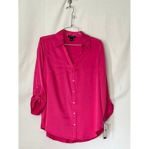 A. Byer Fuchsia Button-Up‎ Blouse Roll Tab Sleeves V-Neck Top Size L